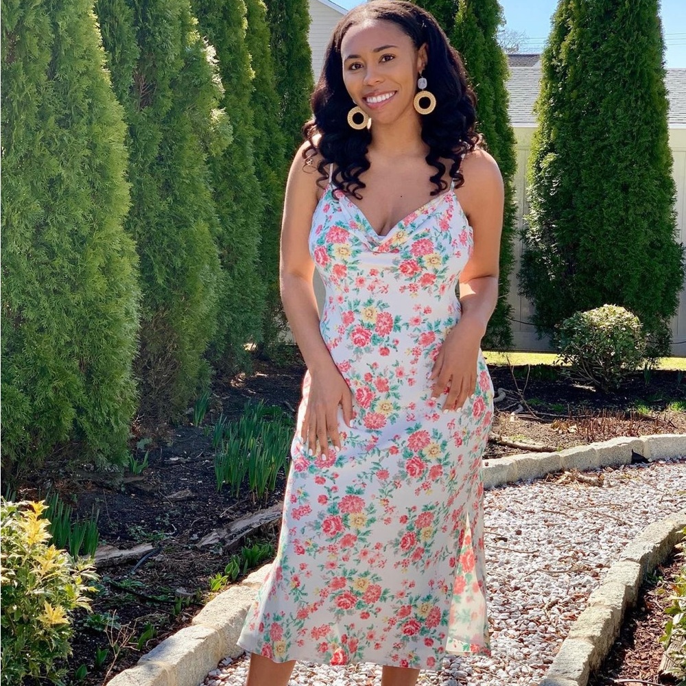 WORN ONCE: Porcelain Floral Midi Slip Dress in Ikat Bouquet
